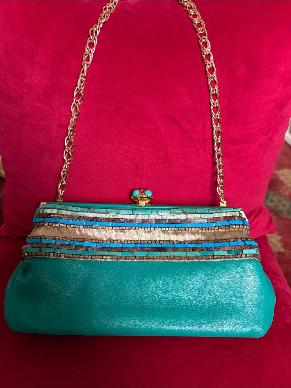 Turquoise Beaded Frame Wristlet with Gold Chain
